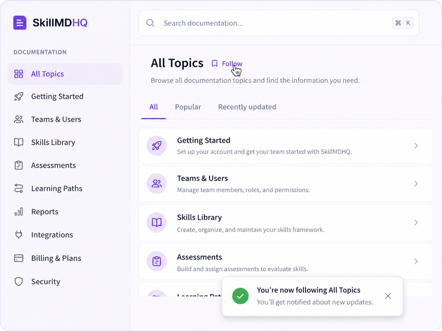 topic follow + alert toast
