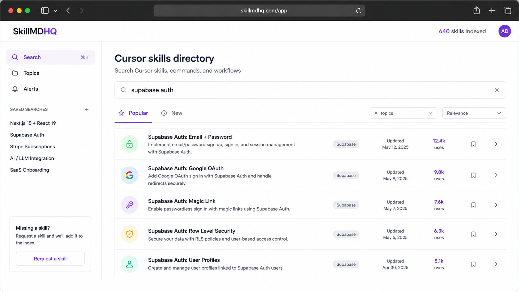 SkillMDHQ Cursor skills directory search with SKILL.md preview